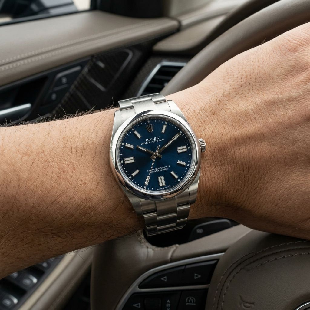 A Rolex Submariner watch with a blue dial and stainless steel Oyster bracelet, worn on a person's wrist inside a car.