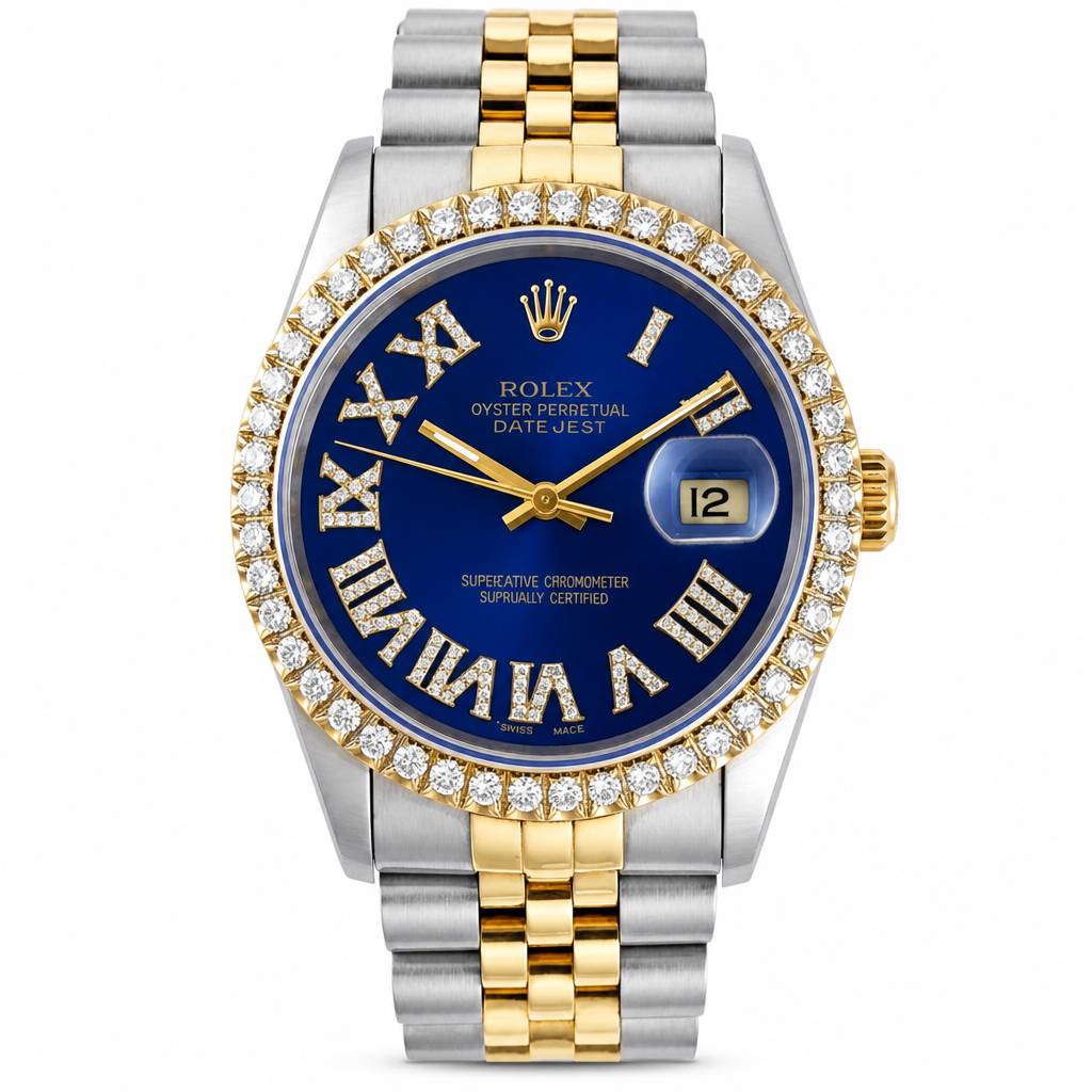 Rolex Oyster Perpetual Datejust watch with a blue dial, gold-tone and silver-tone Jubilee bracelet, and a diamond-encrusted bezel.