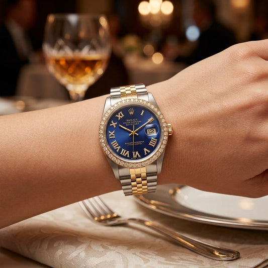 A luxury wristwatch with a blue dial, gold and silver-tone metal bracelet, and a diamond-encrusted bezel, shown worn on a person's wrist in a blurred restaurant setting.