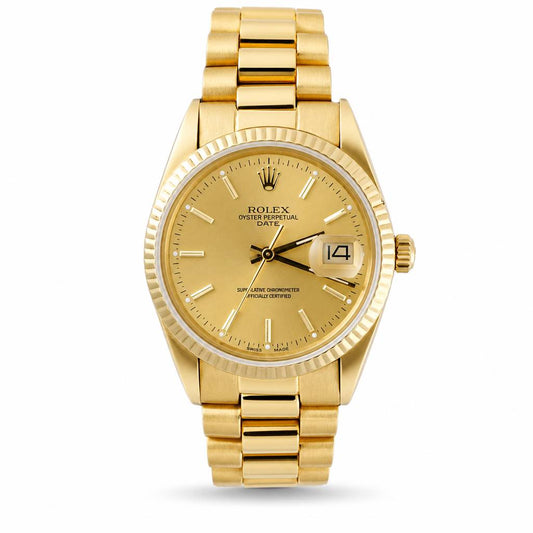 A Rolex Oyster Perpetual Datejust watch in yellow gold, featuring a fluted bezel, gold dial with gold hour markers, and a gold Oyster bracelet, shown against a plain white background.