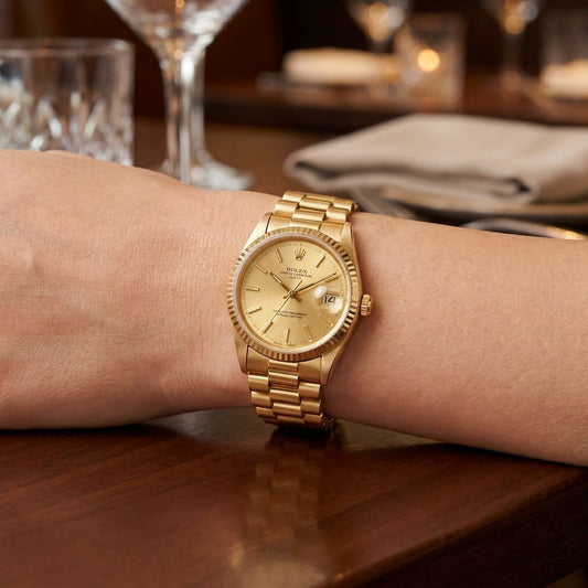 A gold Rolex Datejust watch with a gold dial and integrated link bracelet, shown worn on a person's wrist in a warm, upscale dining setting.