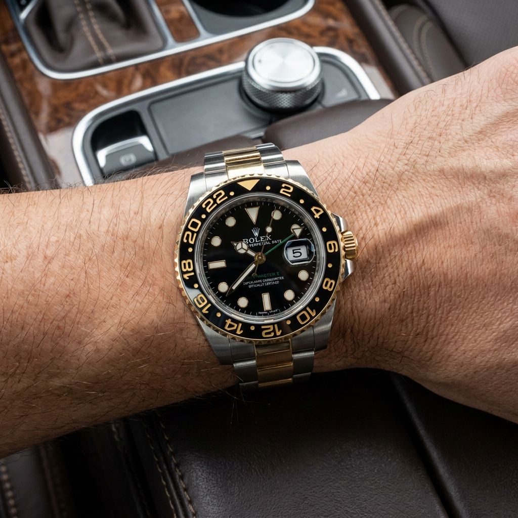 A wrist wearing a Rolex Submariner Date watch with a black dial, black and gold bezel, and a two-tone silver and gold stainless steel bracelet, photographed inside a car.