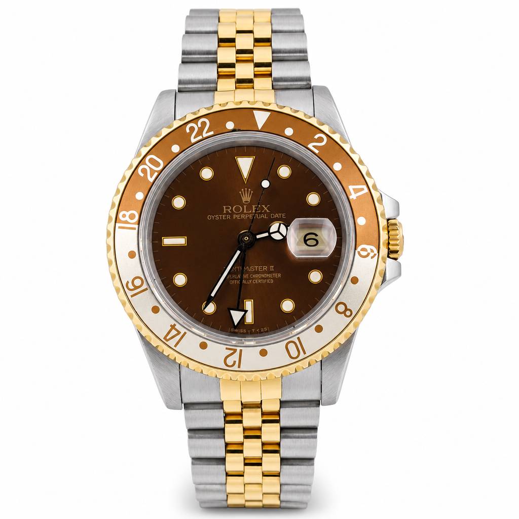 Rolex Datejust wristwatch with a brown dial, gold and silver Oyster bracelet, and a two-tone brown and gold bezel, shown on a white background.