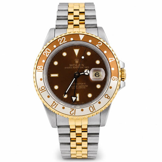 Rolex Datejust wristwatch with a brown dial, gold and silver Oyster bracelet, and a two-tone brown and gold bezel, shown on a white background.