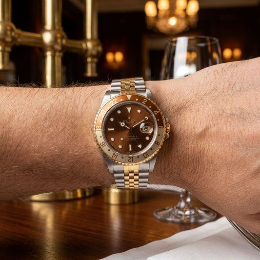 A two-tone stainless steel and gold wristwatch with a brown dial and a two-tone brown and gold bezel, worn on a person's wrist in a dimly lit bar setting.