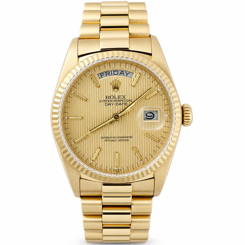 Rolex Oyster Perpetual Day Date gold watch with a gold-tone fluted bezel, gold dial, and gold Oyster bracelet, featuring a day and date indicator on the dial.