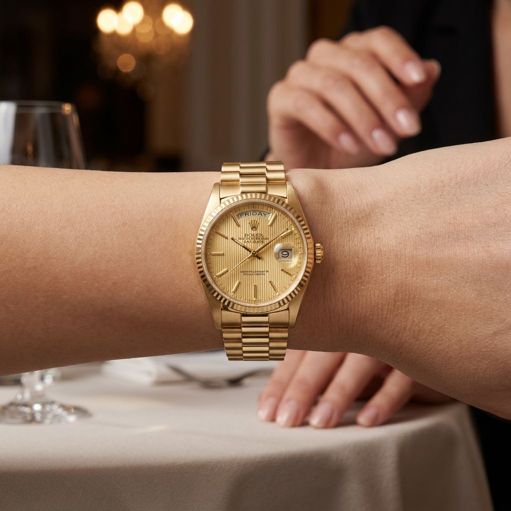 A gold Rolex Day-Date watch with a gold dial and integrated bracelet, shown worn on a person's wrist in a softly lit indoor setting.