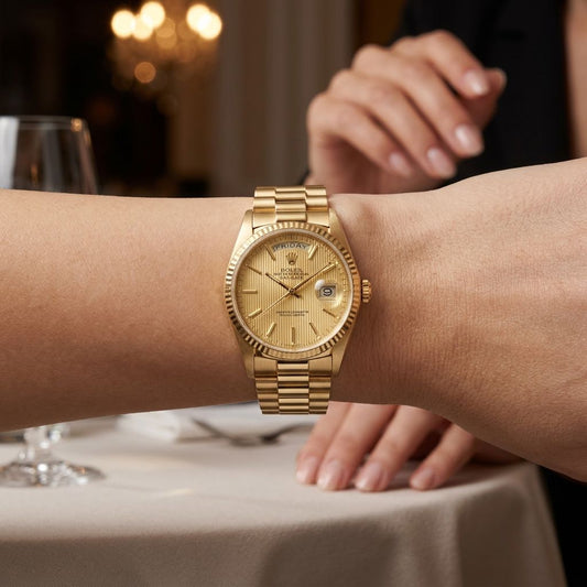 A gold Rolex Day-Date watch with a gold dial and integrated bracelet, shown worn on a person's wrist in a softly lit indoor setting.