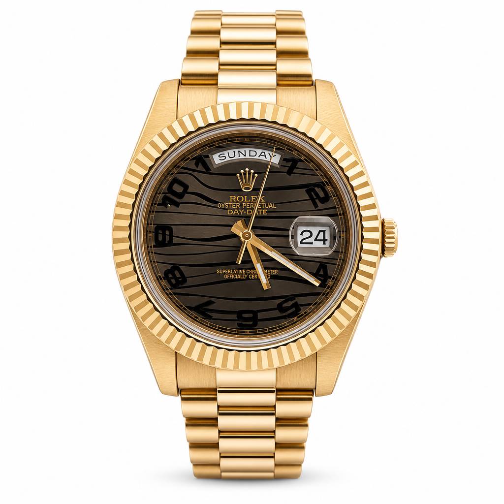 A Rolex Day Date watch with a gold-tone metal case, fluted bezel, and integrated bracelet, featuring a dark brown zebra-stripe dial with a day and date display.