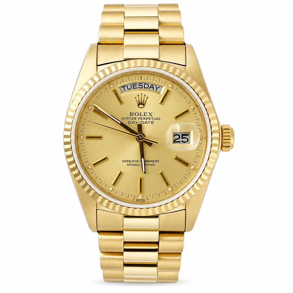 Rolex Day Date watch with a gold-tone stainless steel case, fluted bezel, and gold dial with a day and date window.