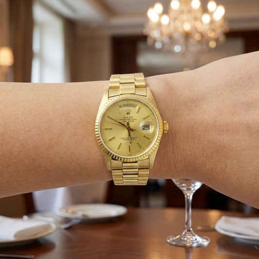 A gold-tone Rolex wristwatch with a matching gold bracelet and gold dial, worn on a person's wrist in a restaurant setting with a blurred chandelier and table in the background.