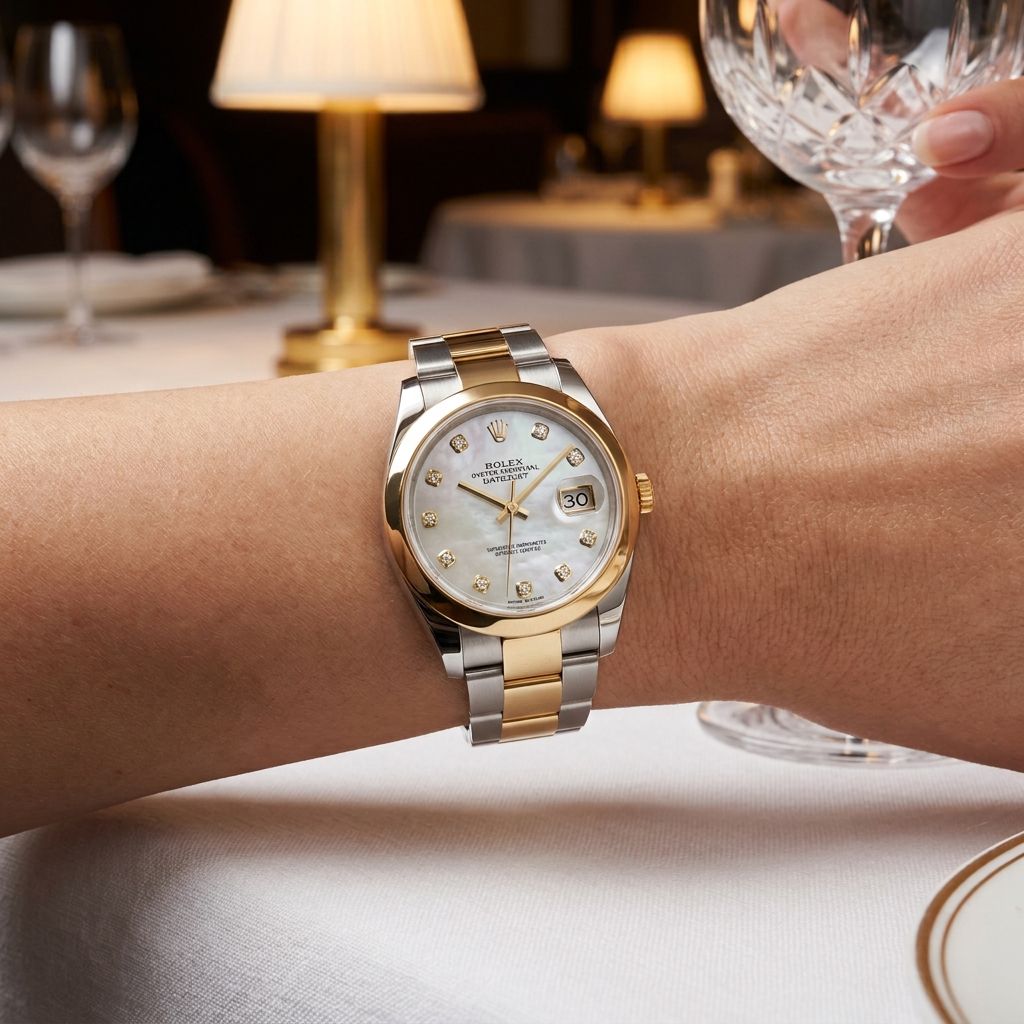 A Rolex Datejust watch with a two-tone gold and silver stainless steel case and a mother-of-pearl dial, worn on a person's wrist in an elegant dining setting.