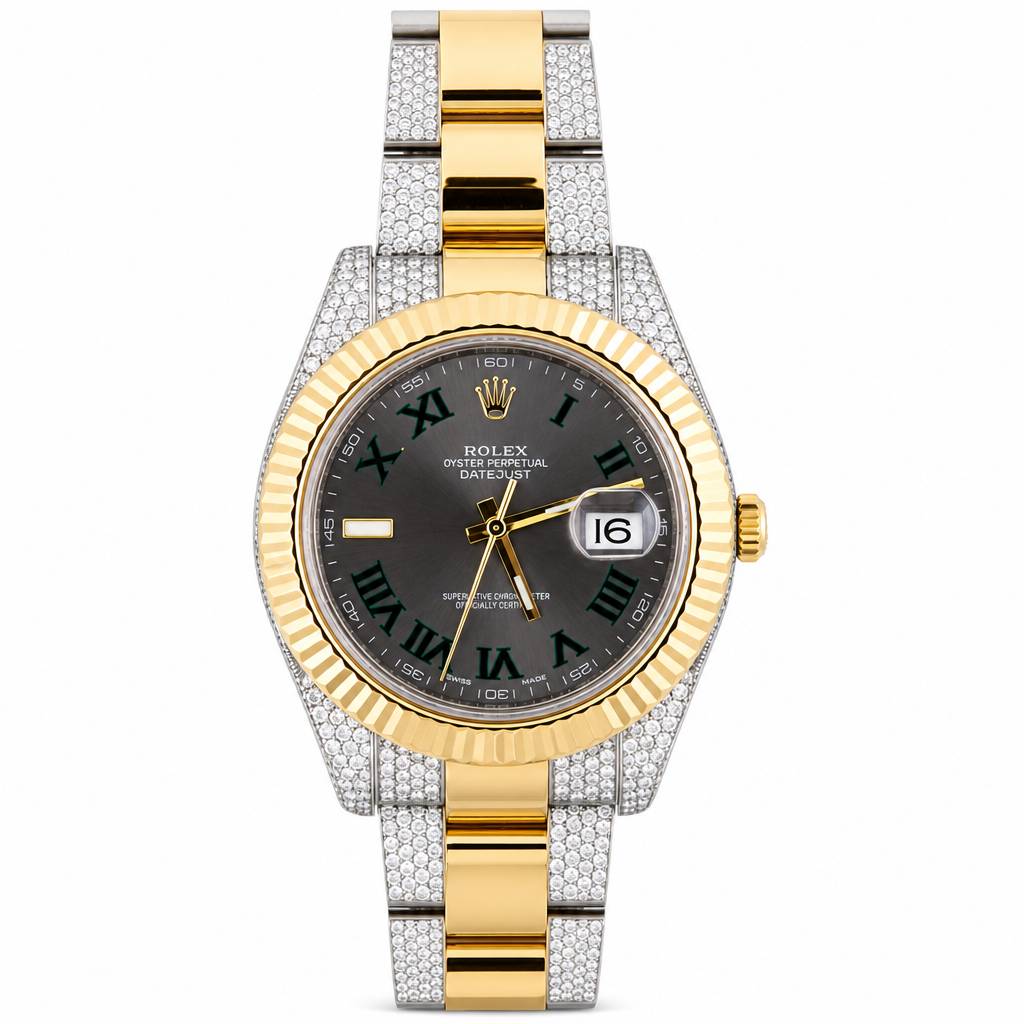 A Rolex Datejust watch with a yellow gold and white gold (diamond-set) Oyster bracelet, featuring a dark gray dial with Roman numerals and a date window.