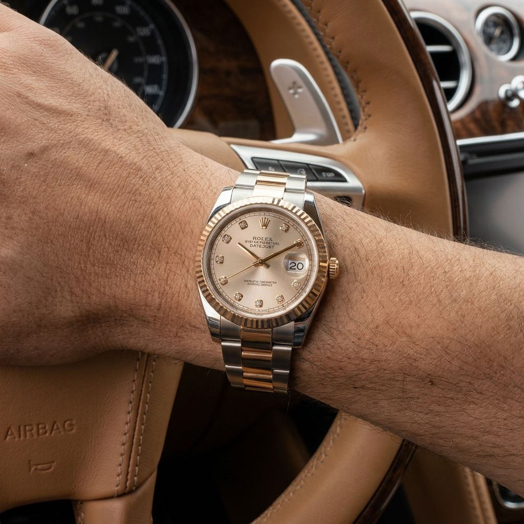A wrist wearing a Rolex Datejust watch with a two-tone gold and silver stainless steel bracelet, set against a background of a luxury car interior with tan leather steering wheel.