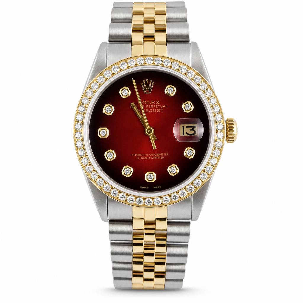 Rolex Datejust wristwatch with a two-tone steel and yellow gold bracelet, a gold bezel set with diamonds, and a deep red dial with gold hour markers.