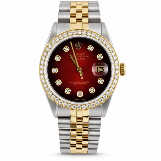Rolex Datejust wristwatch with a two-tone steel and yellow gold bracelet, a gold bezel set with diamonds, and a deep red dial with gold hour markers.