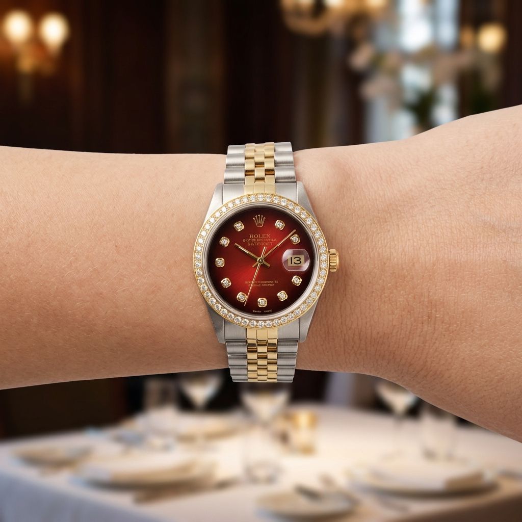 A Rolex watch with a red dial, diamond-set bezel, and two-tone silver and gold Oyster bracelet, shown worn on a person's wrist in a blurred indoor setting.