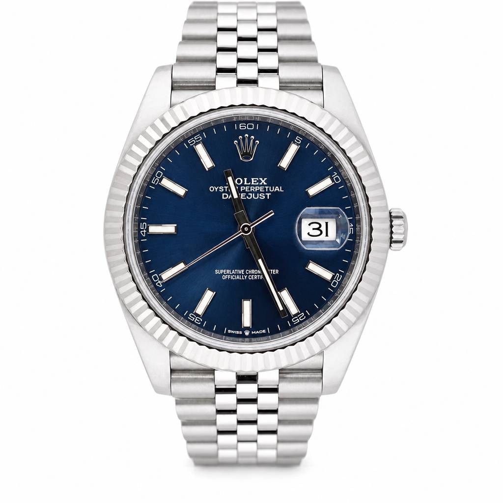Rolex Datejust wristwatch with a silver stainless steel Oyster bracelet, fluted bezel, and a deep blue dial with a date window showing '31'.