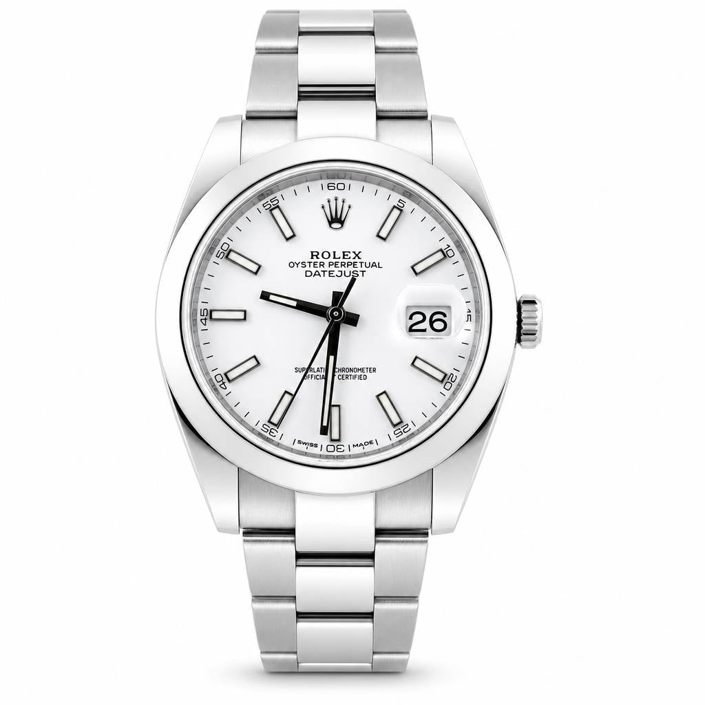 Rolex Oyster Perpetual Datejust watch with a silver stainless steel case and bracelet, featuring a white dial with black hands, silver baton indices, and a date window at 3 o'clock.