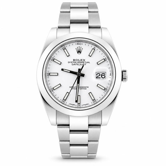 Rolex Oyster Perpetual Datejust watch with a silver stainless steel case and bracelet, featuring a white dial with black hands, silver baton indices, and a date window at 3 o'clock.