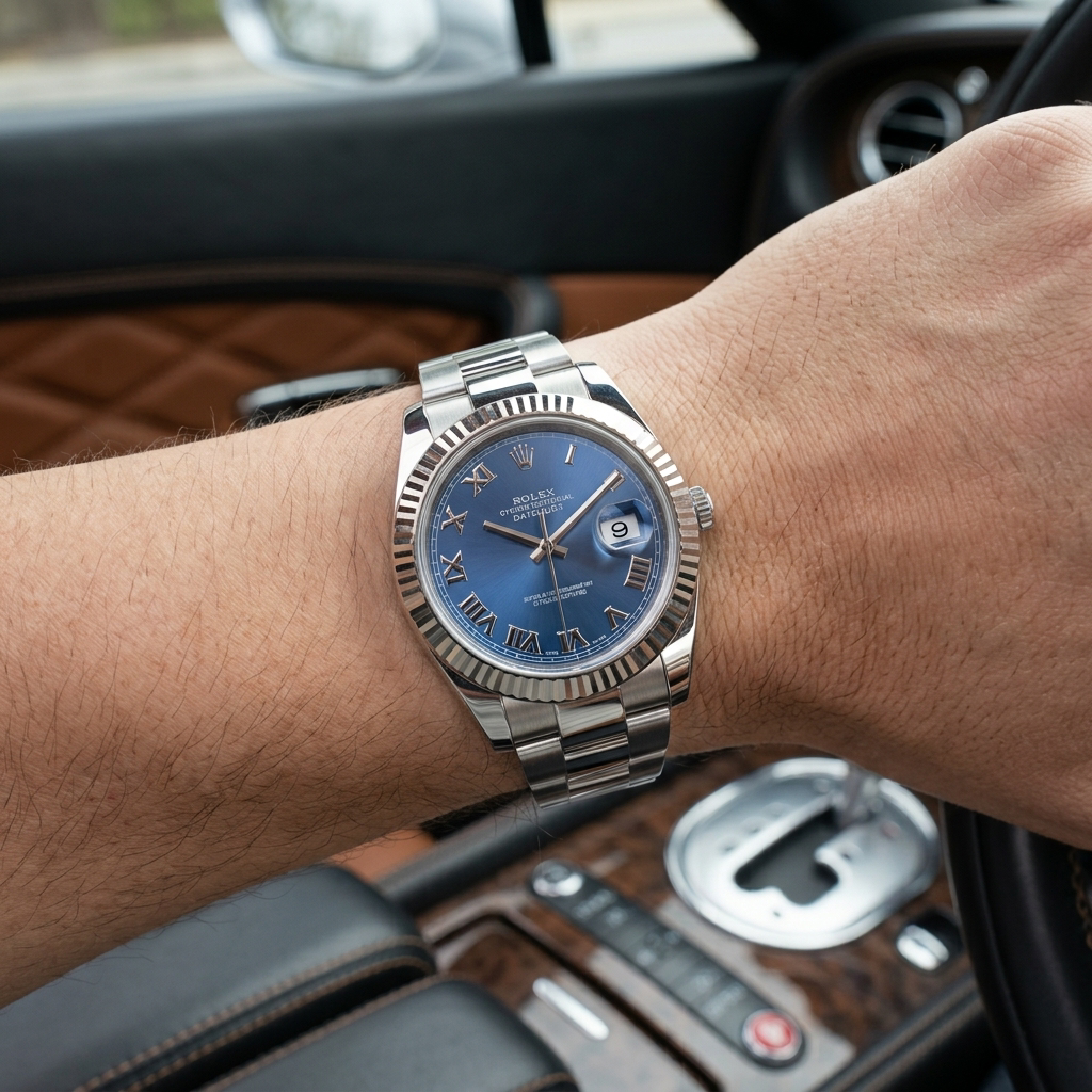 A Rolex Datejust watch with a blue dial and stainless steel Oyster bracelet worn on a person's wrist inside a car.