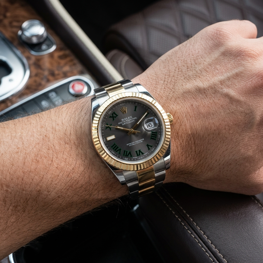 A Rolex Datejust watch with a two-tone gold and silver stainless steel bracelet and a dark gray dial, worn on a person's wrist inside a car.