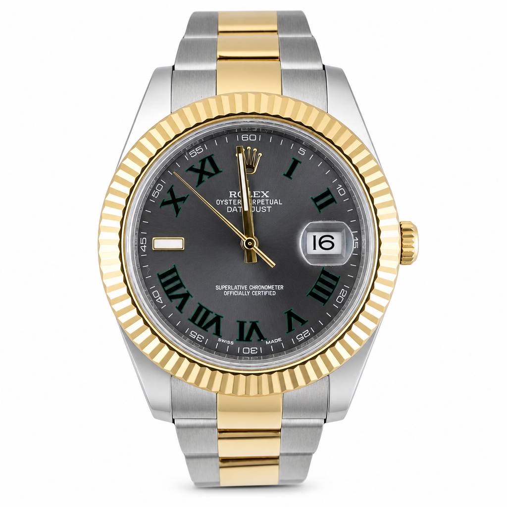 Rolex Datejust wristwatch with a two-tone stainless steel and gold Oyster bracelet, fluted gold bezel, and dark gray dial with Roman numerals.