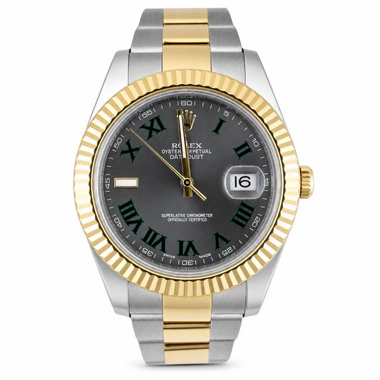 Rolex Datejust wristwatch with a two-tone stainless steel and gold Oyster bracelet, fluted gold bezel, and dark gray dial with Roman numerals.