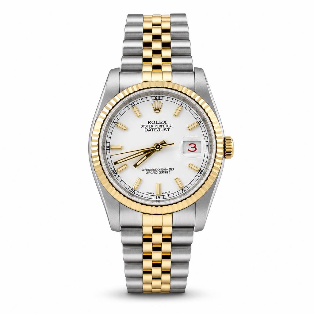 Rolex Oyster Perpetual Datejust watch with a two-tone silver and gold stainless steel Oyster bracelet, gold-tone fluted bezel, and a white dial with gold hour markers and a date window.