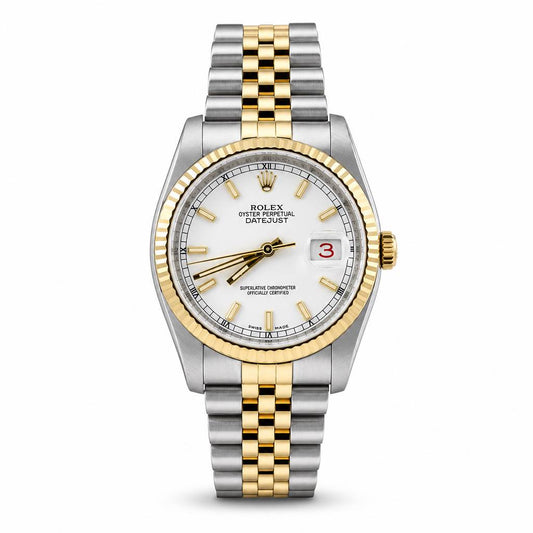 Rolex Oyster Perpetual Datejust watch with a two-tone silver and gold stainless steel Oyster bracelet, gold-tone fluted bezel, and a white dial with gold hour markers and a date window.