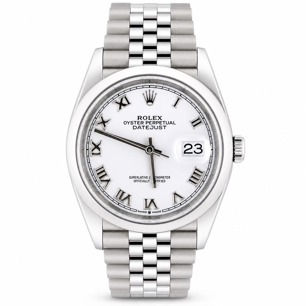Rolex Oyster Perpetual Datejust watch with a silver stainless steel Oyster bracelet, white dial, and Roman numeral hour markers.