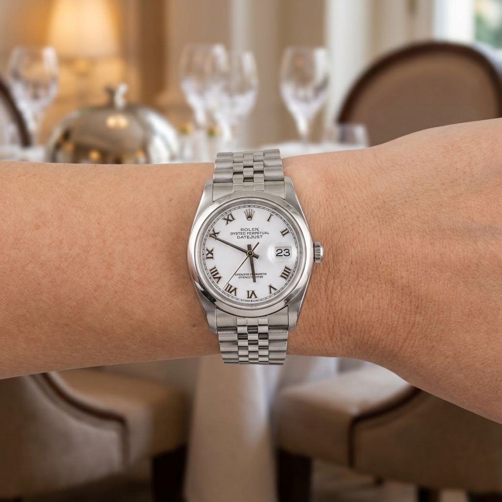 A Rolex wristwatch with a silver-tone metal bracelet and white dial, worn on a person's wrist in a softly blurred indoor dining setting.