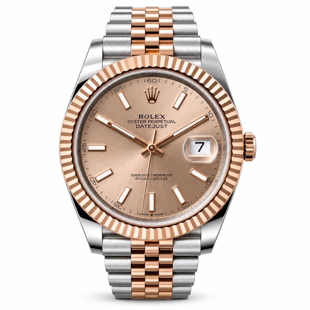 Rolex Datejust wristwatch with a two-tone stainless steel and rose gold Jubilee bracelet, featuring a rose gold dial and fluted bezel on a white background.