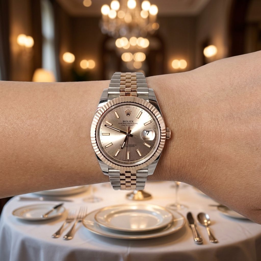 Rolex Datejust wristwatch with a two-tone stainless steel and rose gold Jubilee bracelet, featuring a rose gold dial and fluted bezel on a white background.