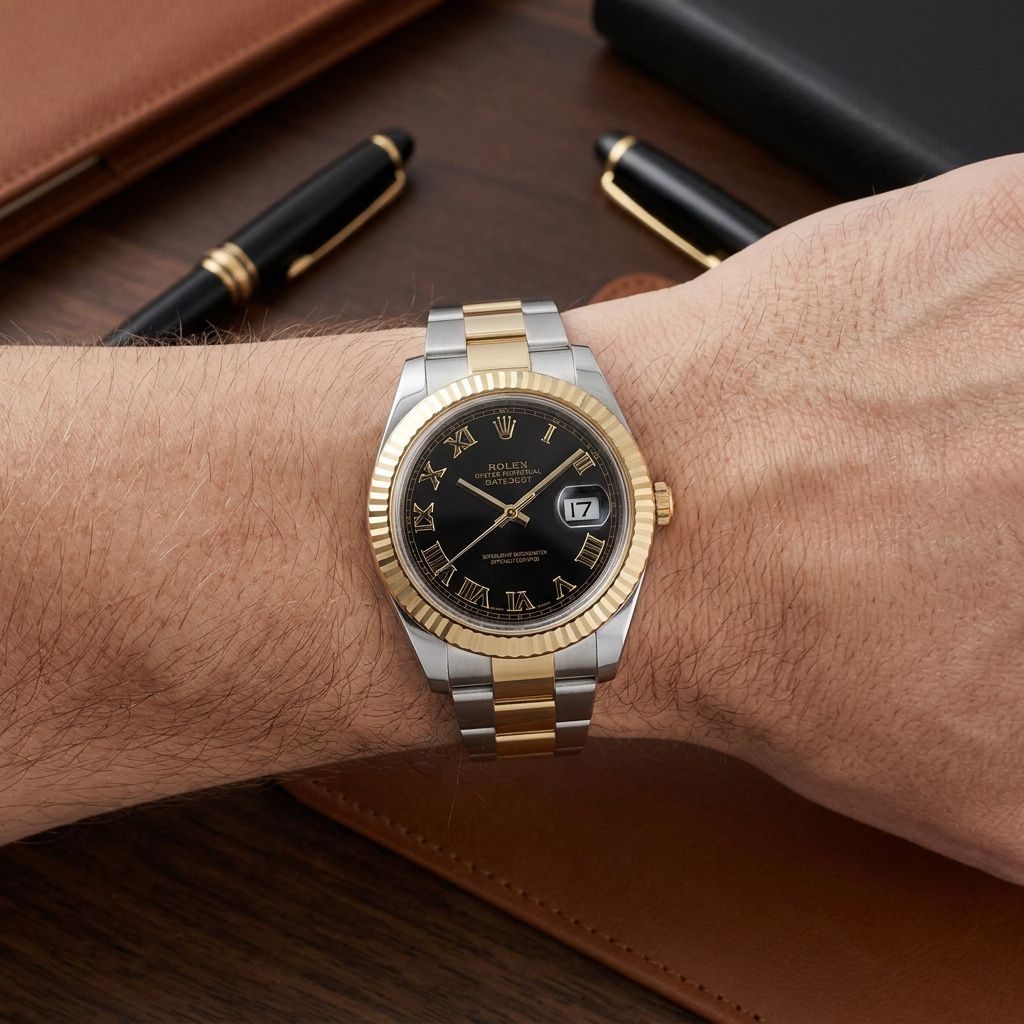 A Rolex Datejust watch with a two-tone silver and gold stainless steel bracelet, gold fluted bezel, and black dial, shown worn on a person's wrist against a dark wood desk background with pens.