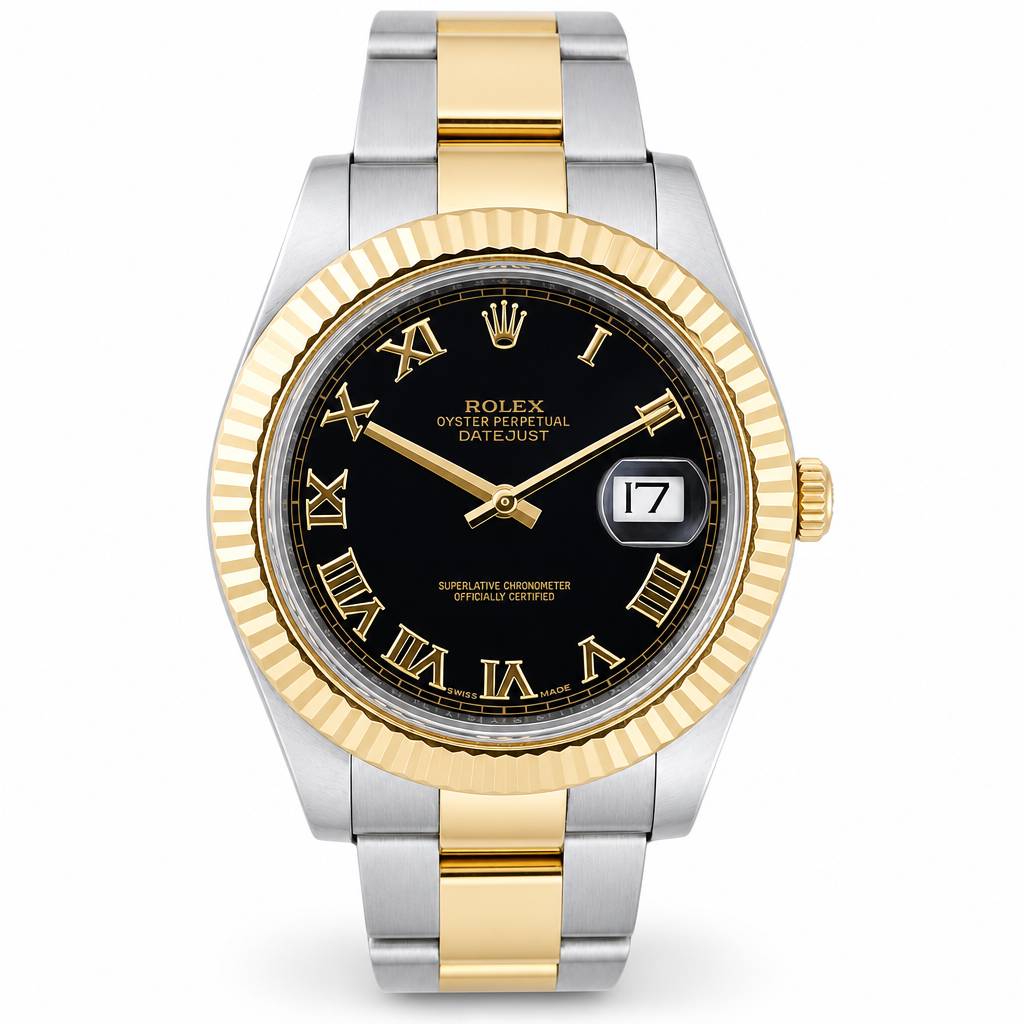 Rolex Oyster Perpetual Datejust watch with a two-tone stainless steel and yellow gold bracelet, fluted gold bezel, and black dial with gold Roman numerals.