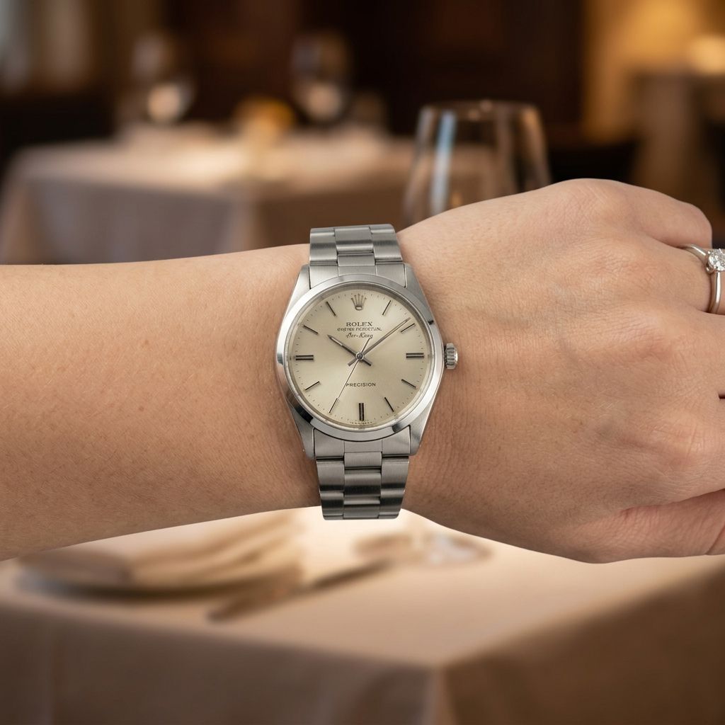 A silver stainless steel wristwatch with a cream-colored dial and matching cream hour markers, worn on a person's wrist in a softly blurred restaurant setting.