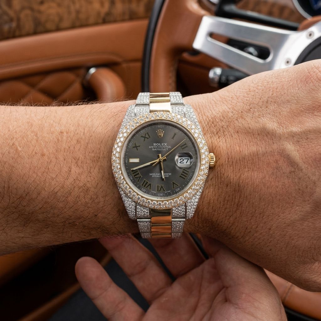 A close-up of a Rolex watch with a diamond-encrusted bezel and gold-toned bracelet worn on a person's wrist inside a car with brown leather interior.