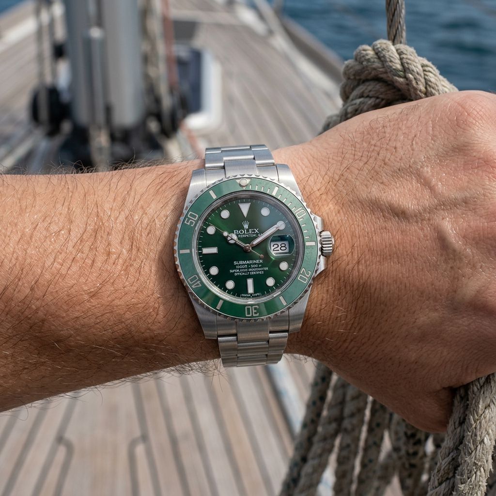 A Rolex Submariner Date watch with a green dial and green bezel, worn on a person's wrist on a wooden boat deck with ropes in the background.