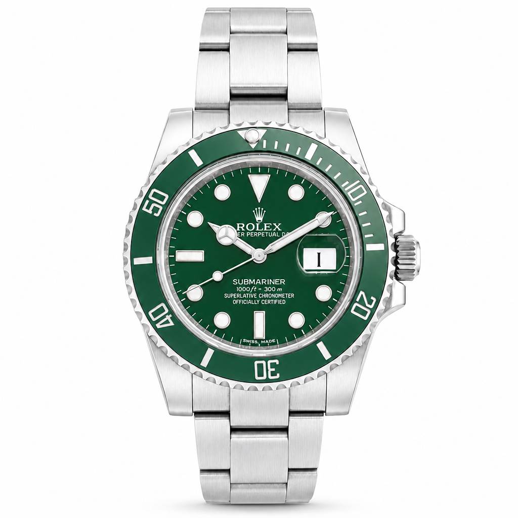 Rolex Submariner Date watch with a green dial and green rotating bezel, paired with a silver stainless steel Oyster bracelet.