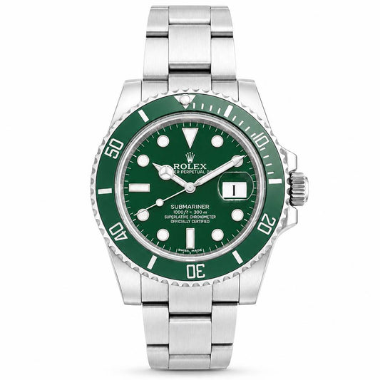 Rolex Submariner Date watch with a green dial and green rotating bezel, paired with a silver stainless steel Oyster bracelet.