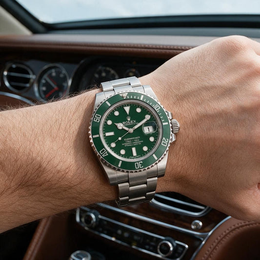 A Rolex Submariner Date watch with a green dial and green bezel, worn on a wrist inside a car.