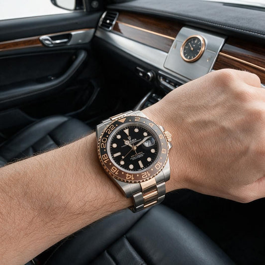 A wristwatch with a black dial, black bezel, and two-tone rose gold and silver metal bracelet, shown worn on a person's wrist inside a luxury car interior.