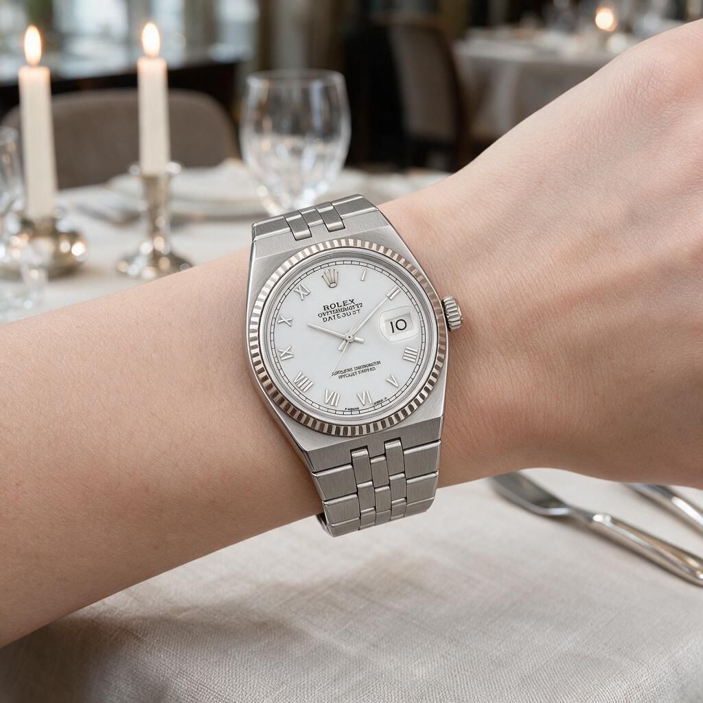 A silver Rolex Datejust watch with a white dial and fluted bezel, worn on a person's wrist in a softly blurred restaurant setting with lit candles and tableware in the background.