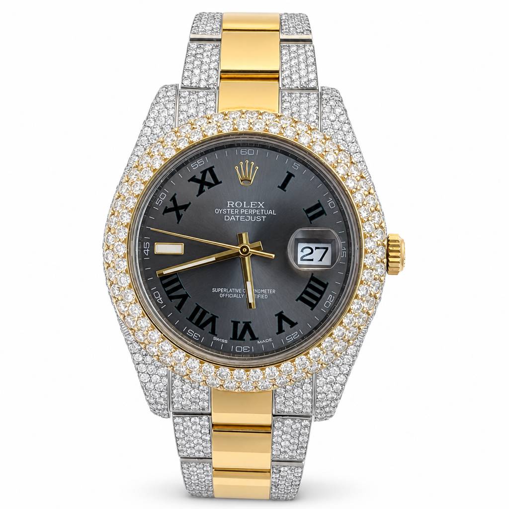 Rolex Oyster Perpetual Datejust watch with a two-tone yellow gold and silver-tone Oyster bracelet, a diamond-encrusted bezel, and a dark gray dial with Roman numerals.