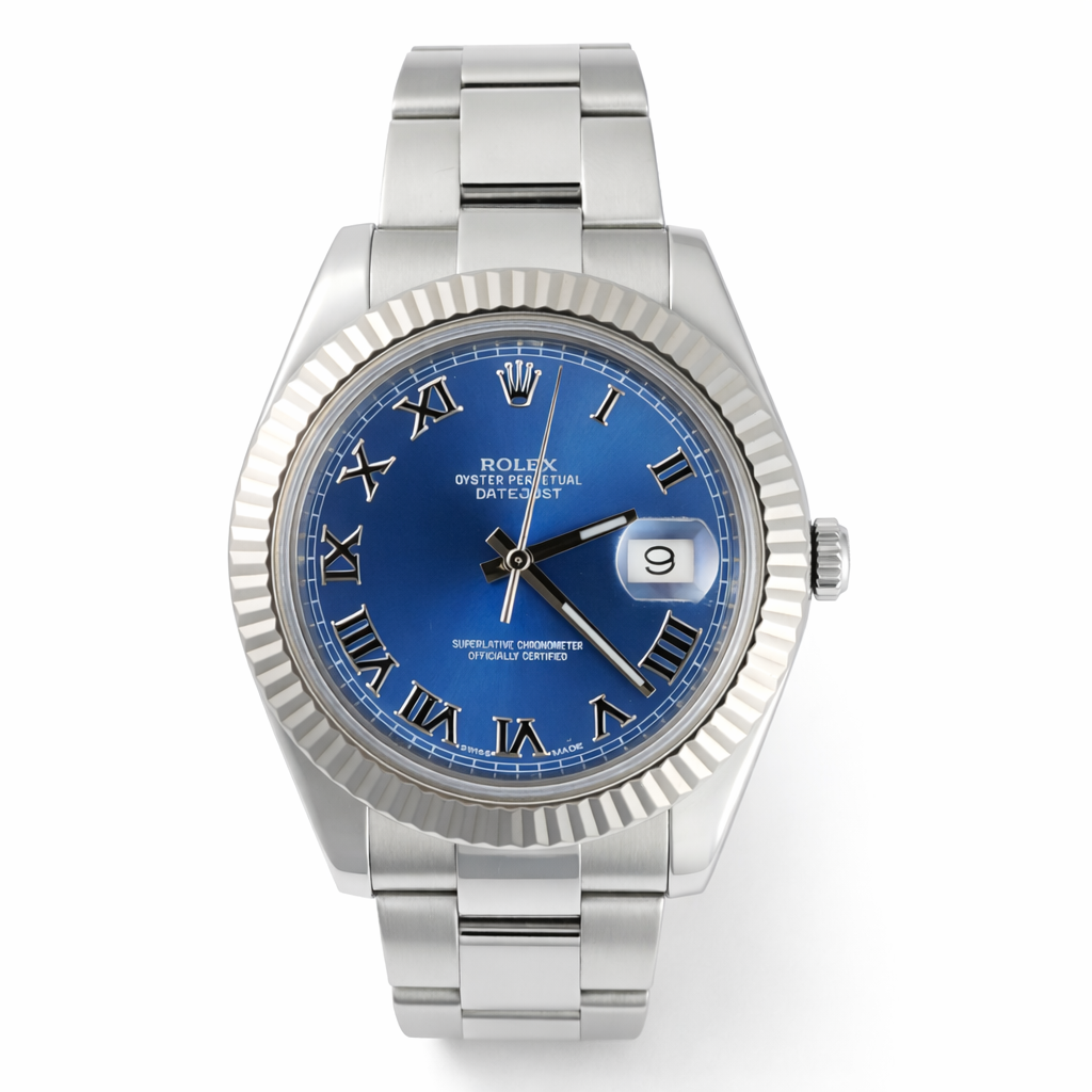 Silver watch with a blue dial on a white background