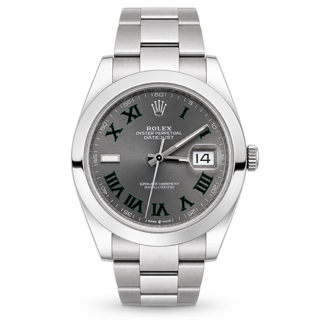 Rolex Oyster Perpetual Datejust stainless steel watch with a silver-tone metal case and integrated bracelet, featuring a dark gray dial with Roman numeral hour markers and a date window.