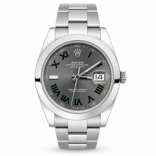 Rolex Oyster Perpetual Datejust stainless steel watch with a silver-tone metal case and integrated bracelet, featuring a dark gray dial with Roman numeral hour markers and a date window.