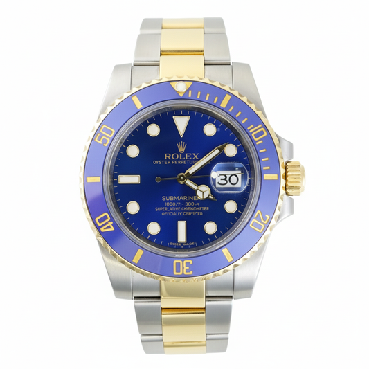 Rolex watch with blue dial and gold and silver band on white background