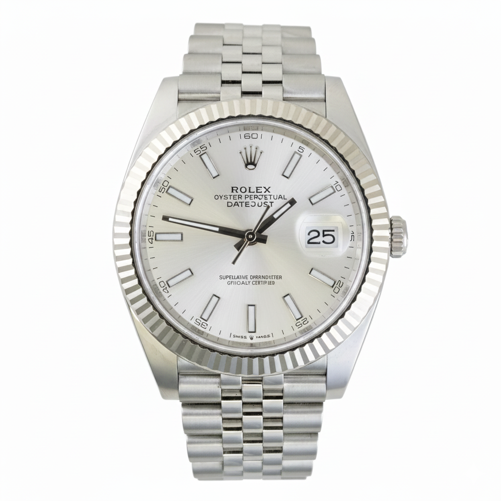 Silver Rolex watch with a white face on a white background